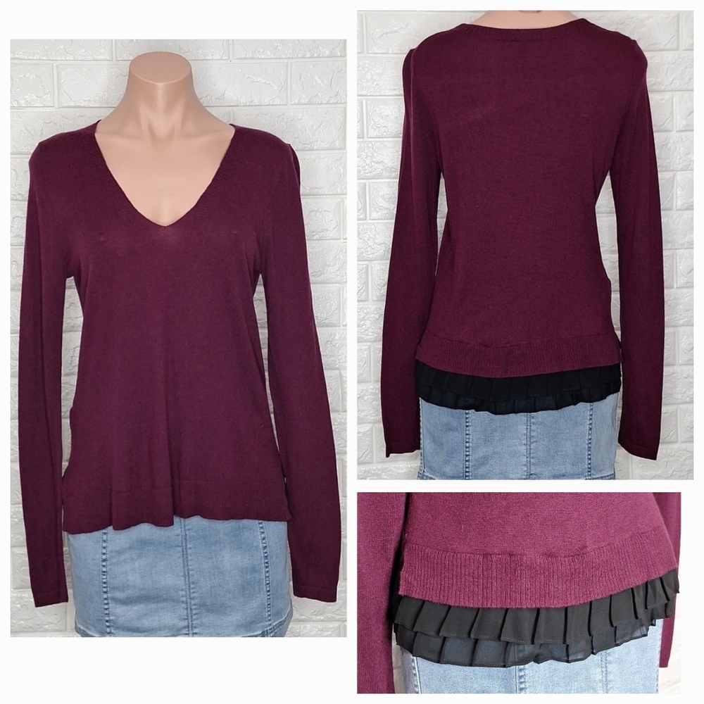 ANN TAYLOR Merlot Burgundy V Neck Wool Blend Long Sleeve Sweater with Ruffles